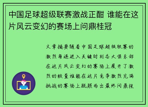 中国足球超级联赛激战正酣 谁能在这片风云变幻的赛场上问鼎桂冠