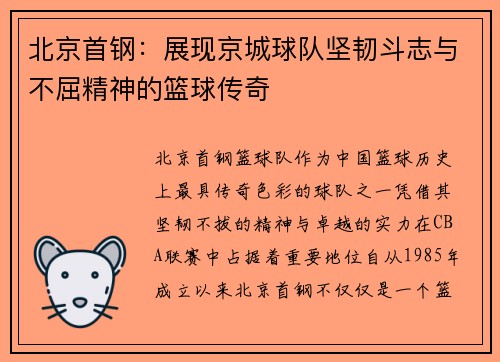 北京首钢：展现京城球队坚韧斗志与不屈精神的篮球传奇
