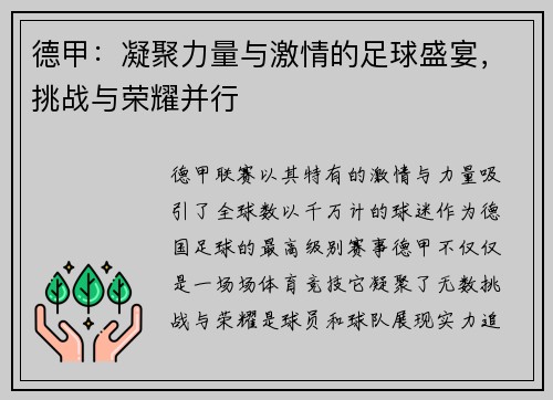 德甲：凝聚力量与激情的足球盛宴，挑战与荣耀并行